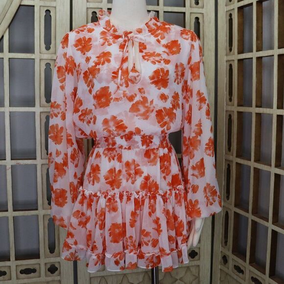 Misa Los Angeles Lorena Orange & White Floral Ruffle Mini Dress size M - Picture 3 of 15